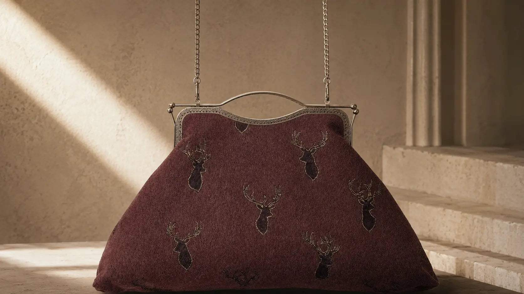 Purple handbag with deer embellishments hanging against a neutral background