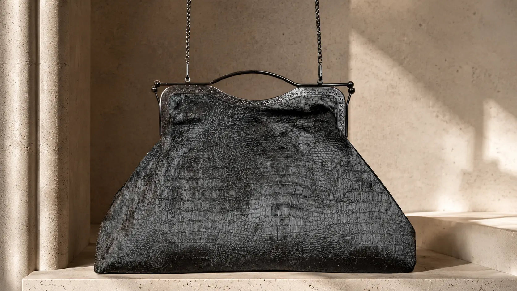 Vintage black handbag with a textured surface on a neutral background