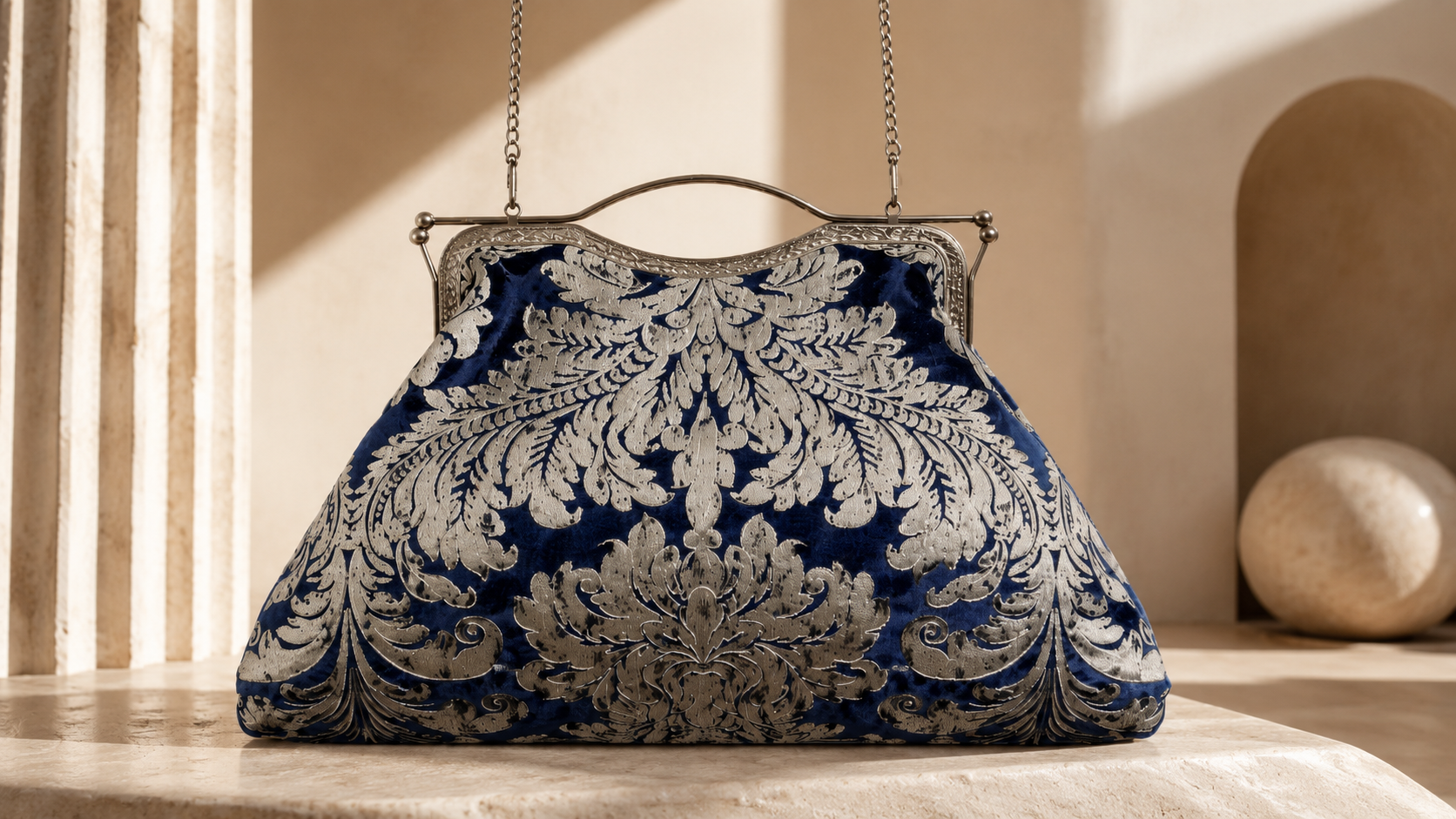 Decorative blue and silver handbag on a wooden surface with a neutral background