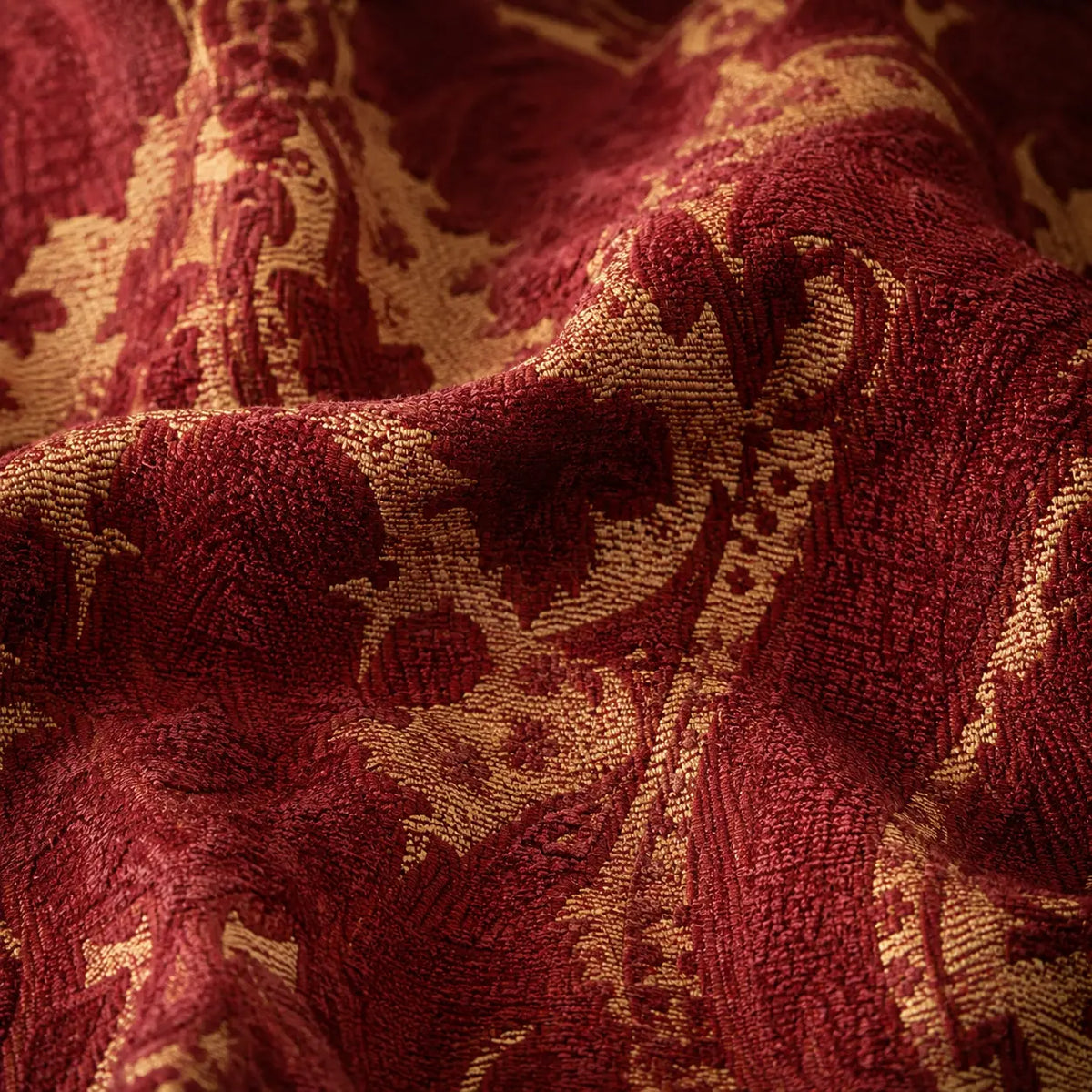 authentic Italian jacquard fabric in deep burgundy red and warm antique gold bag